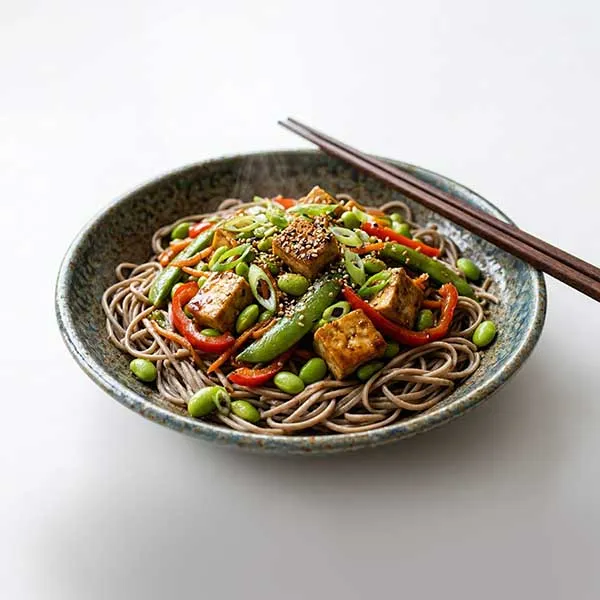 Teriyaki Edamame & Tofu Stir-fry with Buckwheat Soba Noodles